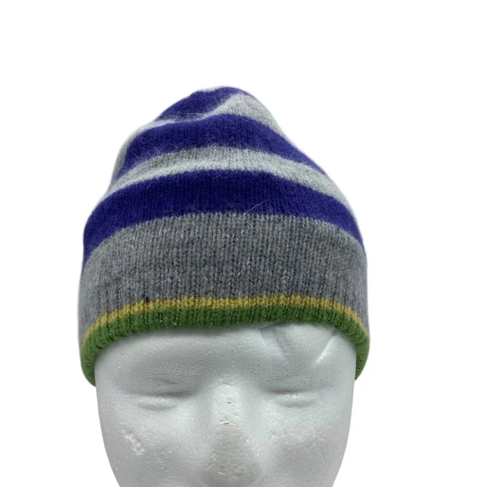 Child Striped Gray & Purple Lambswool Blend Knit‎ Beanie Hat